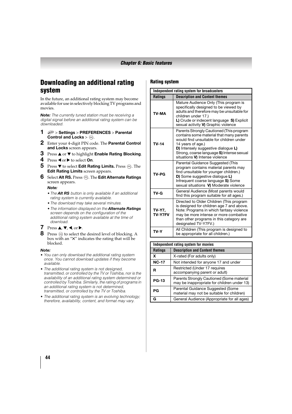 Downloading an additional rating system | Toshiba 32TL515U User Manual | Page 44 / 102