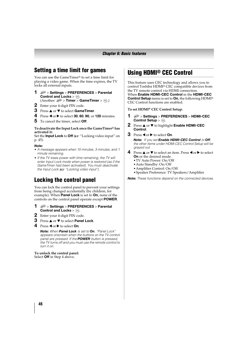 Setting a time limit for games, Locking the control panel, Using hdmi® cec control | Operations, see “using hdmi, Cec control, Using hdmi, P. 46) | Toshiba 32TL515U User Manual | Page 46 / 102