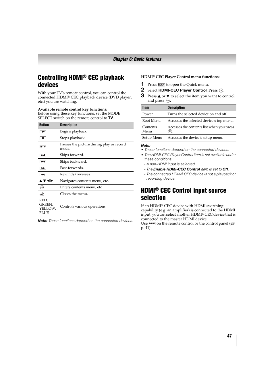 Controlling hdmi® cec playback devices, Hdmi® cec control input source selection, Controlling hdmi | Cec playback devices, Hdmi, Cec control input source selection | Toshiba 32TL515U User Manual | Page 47 / 102