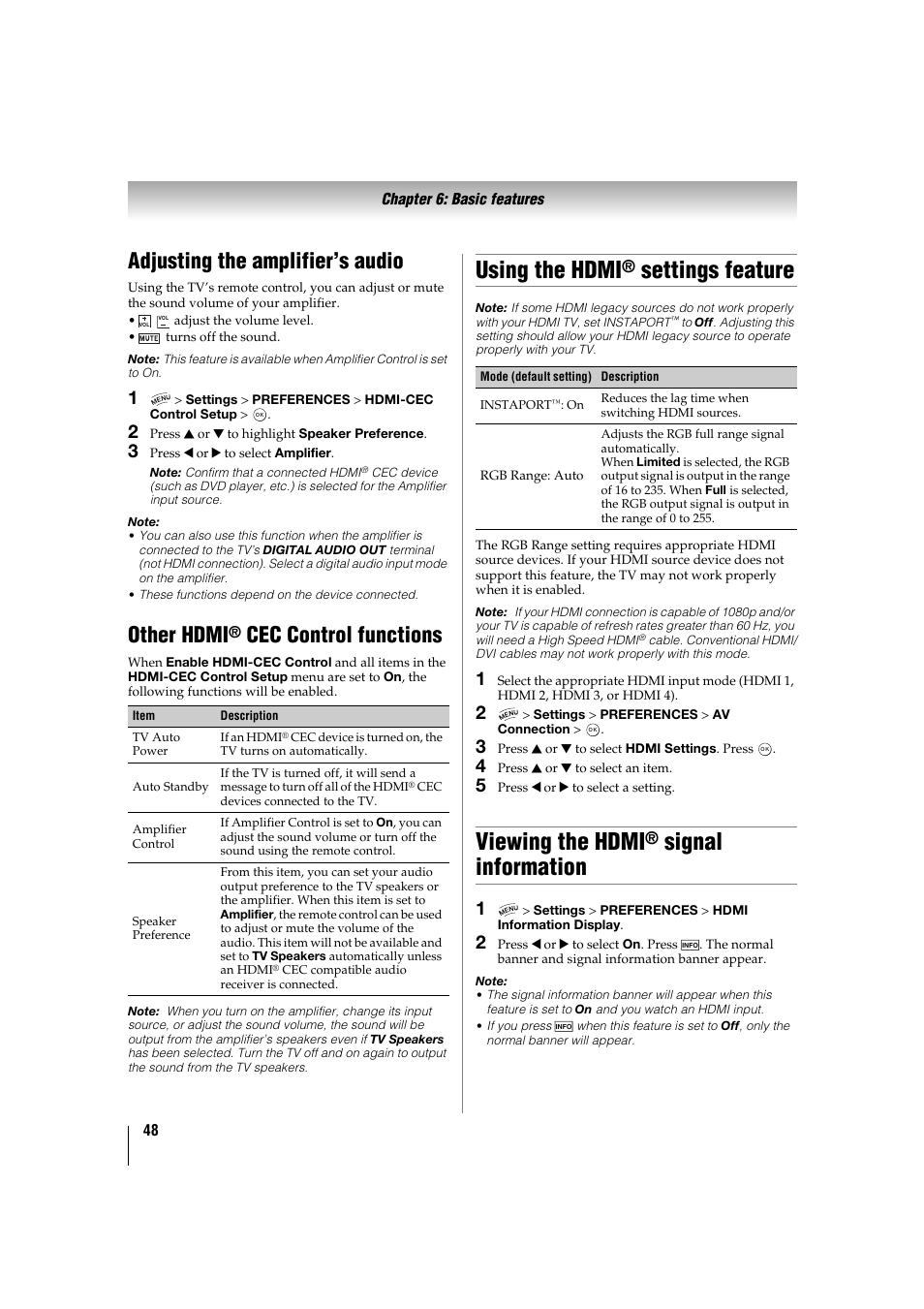 Adjusting the amplifier’s audio, Other hdmi® cec control functions, Using the hdmi® settings feature | Viewing the hdmi® signal information, Using the hdmi, Settings feature, Viewing the hdmi, Signal information, Other hdmi, Cec control functions | Toshiba 32TL515U User Manual | Page 48 / 102