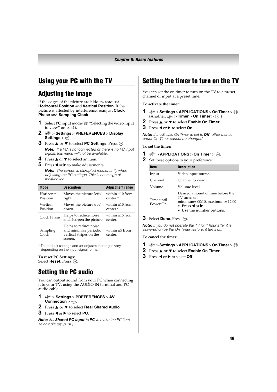 Using your pc with the tv, Adjusting the image, Setting the pc audio | Setting the timer to turn on the tv, P. 49), Ation, see “setting the pc audio, Uration, see “setting the pc audio | Toshiba 32TL515U User Manual | Page 49 / 102