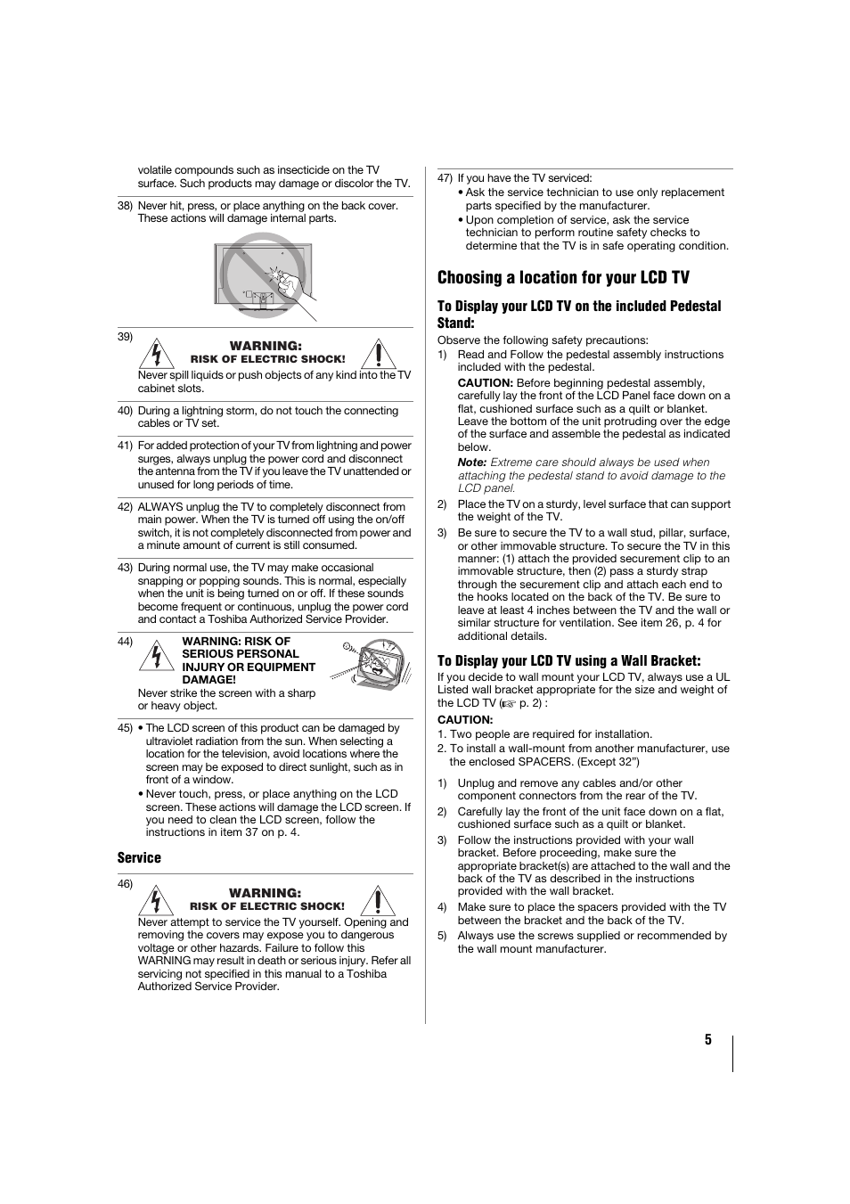 Choosing a location for your lcd tv | Toshiba 32TL515U User Manual | Page 5 / 102