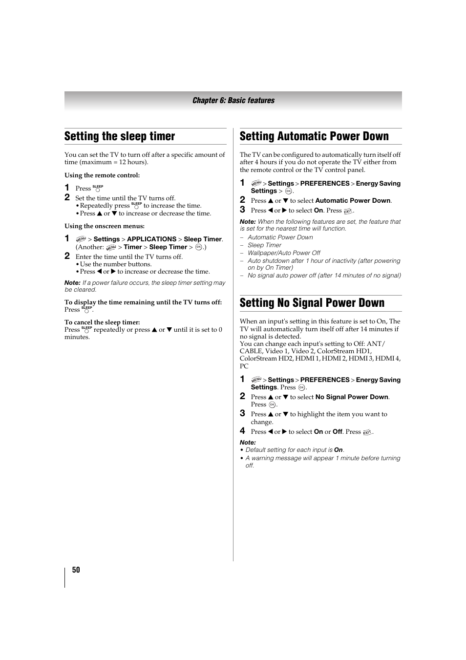 Setting the sleep timer, Setting automatic power down, Setting no signal power down | P. 50) | Toshiba 32TL515U User Manual | Page 50 / 102
