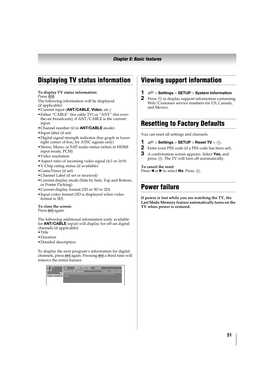 Displaying tv status information, Viewing support information, Resetting to factory defaults | Power failure, P. 51) | Toshiba 32TL515U User Manual | Page 51 / 102