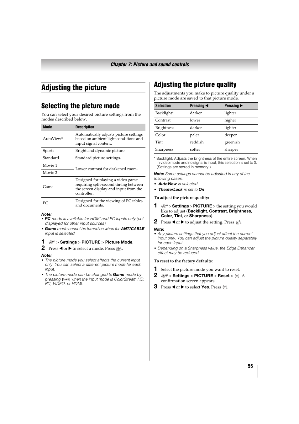 Adjusting the picture, Selecting the picture mode, Adjusting the picture quality | P. 55, P. 55) | Toshiba 32TL515U User Manual | Page 55 / 102