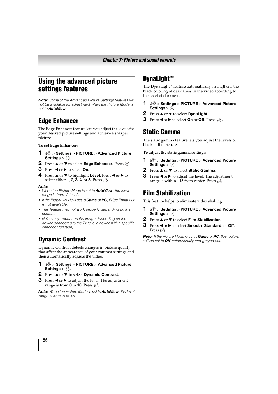 Using the advanced picture settings features, Edge enhancer, Dynamic contrast | Dynalight, Static gamma, Film stabilization | Toshiba 32TL515U User Manual | Page 56 / 102