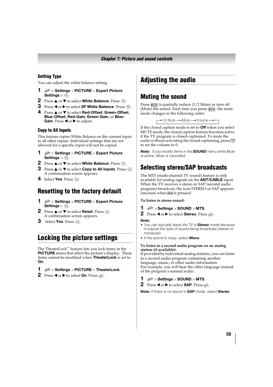 Resetting to the factory default, Locking the picture settings, Adjusting the audio | Muting the sound, Selecting stereo/sap broadcasts, P. 59) | Toshiba 32TL515U User Manual | Page 59 / 102