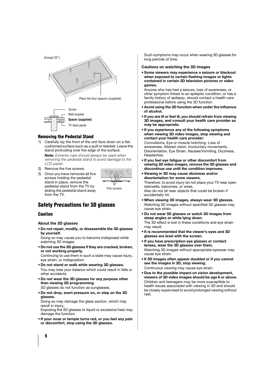 Safety precautions for 3d glasses | Toshiba 32TL515U User Manual | Page 6 / 102