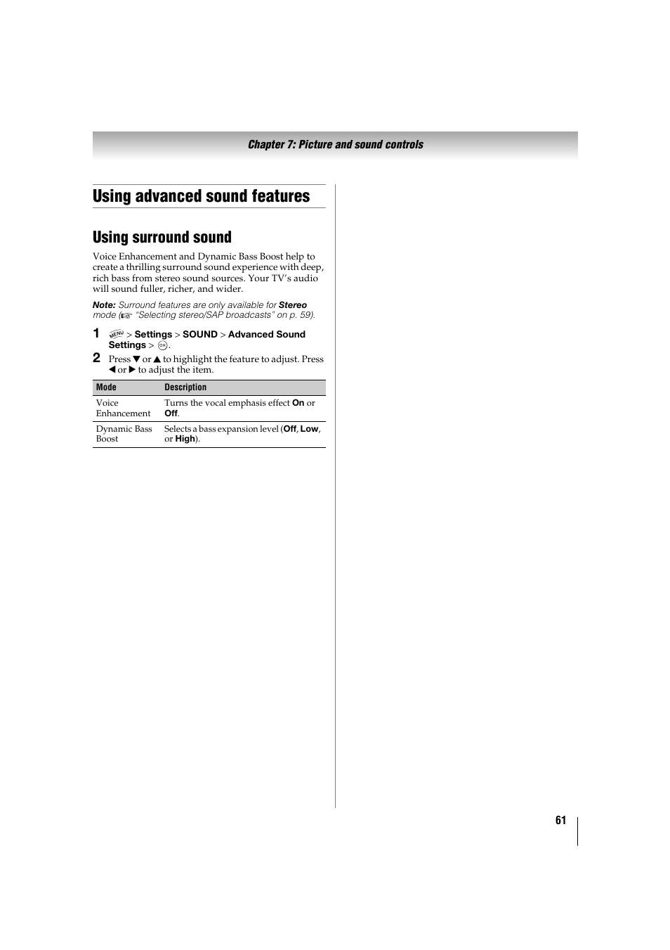 Using advanced sound features, Using surround sound | Toshiba 32TL515U User Manual | Page 61 / 102