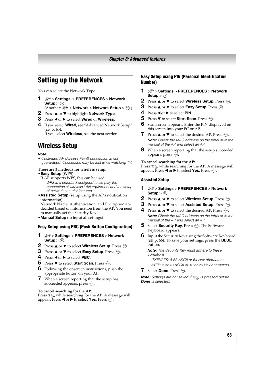 Setting up the network, Wireless setup | Toshiba 32TL515U User Manual | Page 63 / 102