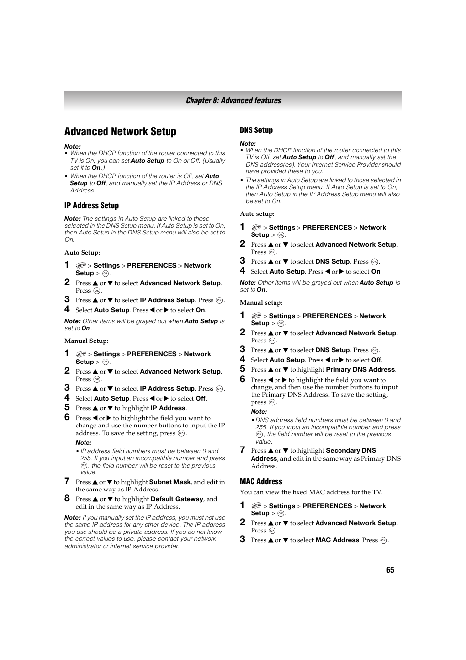 Advanced network setup | Toshiba 32TL515U User Manual | Page 65 / 102