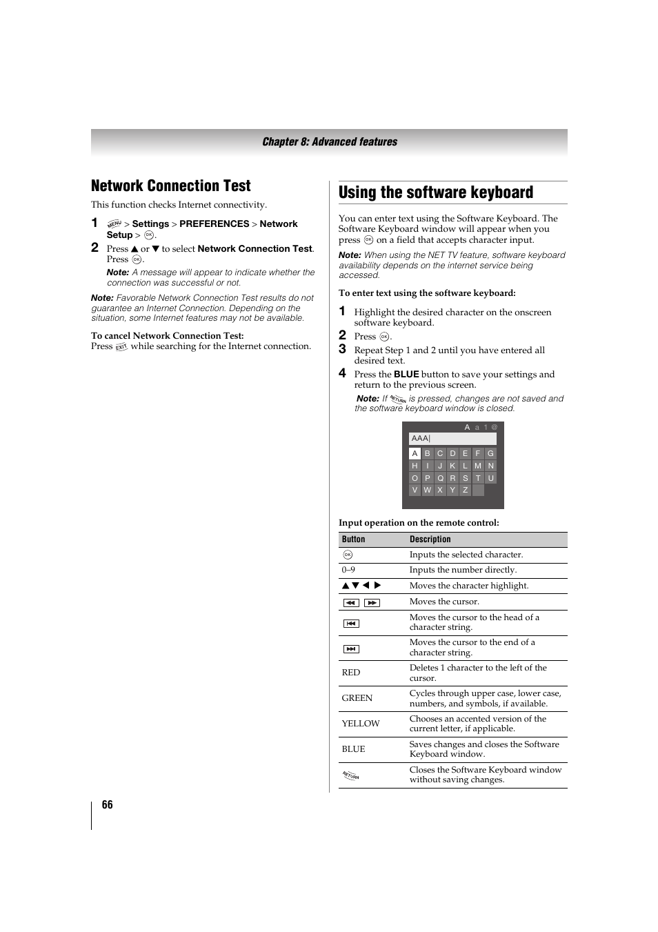 Network connection test, Using the software keyboard | Toshiba 32TL515U User Manual | Page 66 / 102