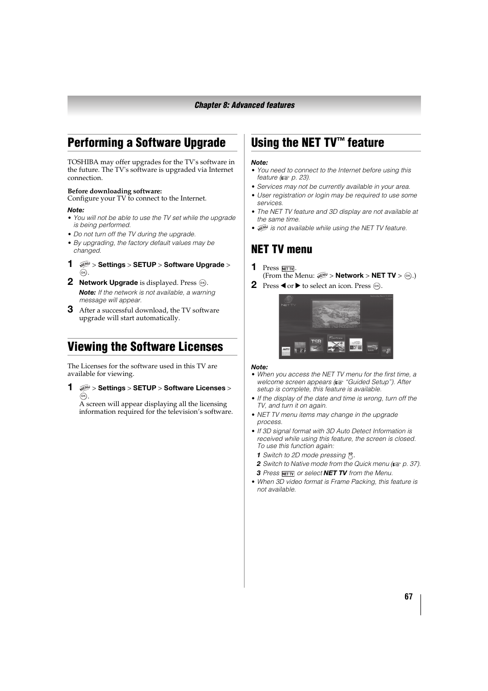 Performing a software upgrade, Viewing the software licenses, Using the net tv™ feature | Net tv menu, P. 67), Using the net tv, Feature | Toshiba 32TL515U User Manual | Page 67 / 102
