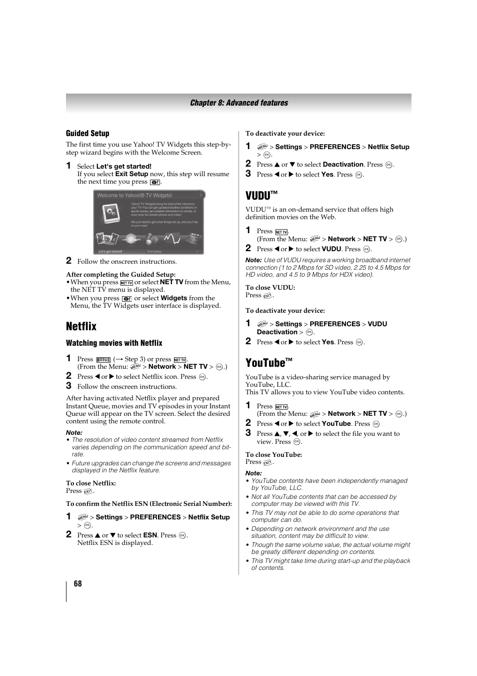 Netflix, Vudu, Youtube | Toshiba 32TL515U User Manual | Page 68 / 102