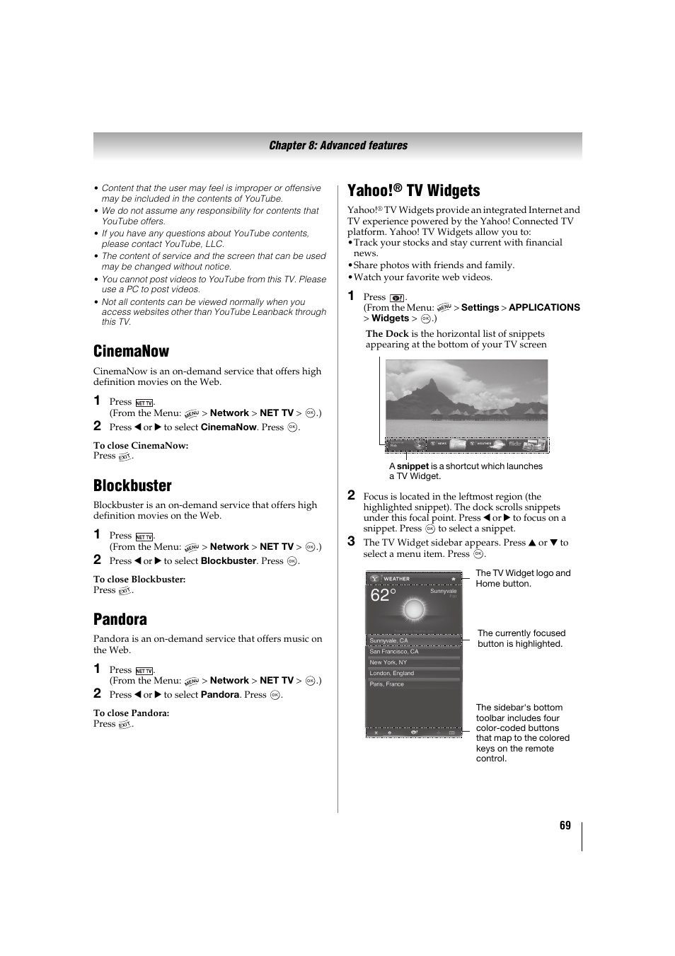 Cinemanow, Blockbuster, Pandora | Yahoo!® tv widgets, P. 69, Yahoo, Tv widgets | Toshiba 32TL515U User Manual | Page 69 / 102