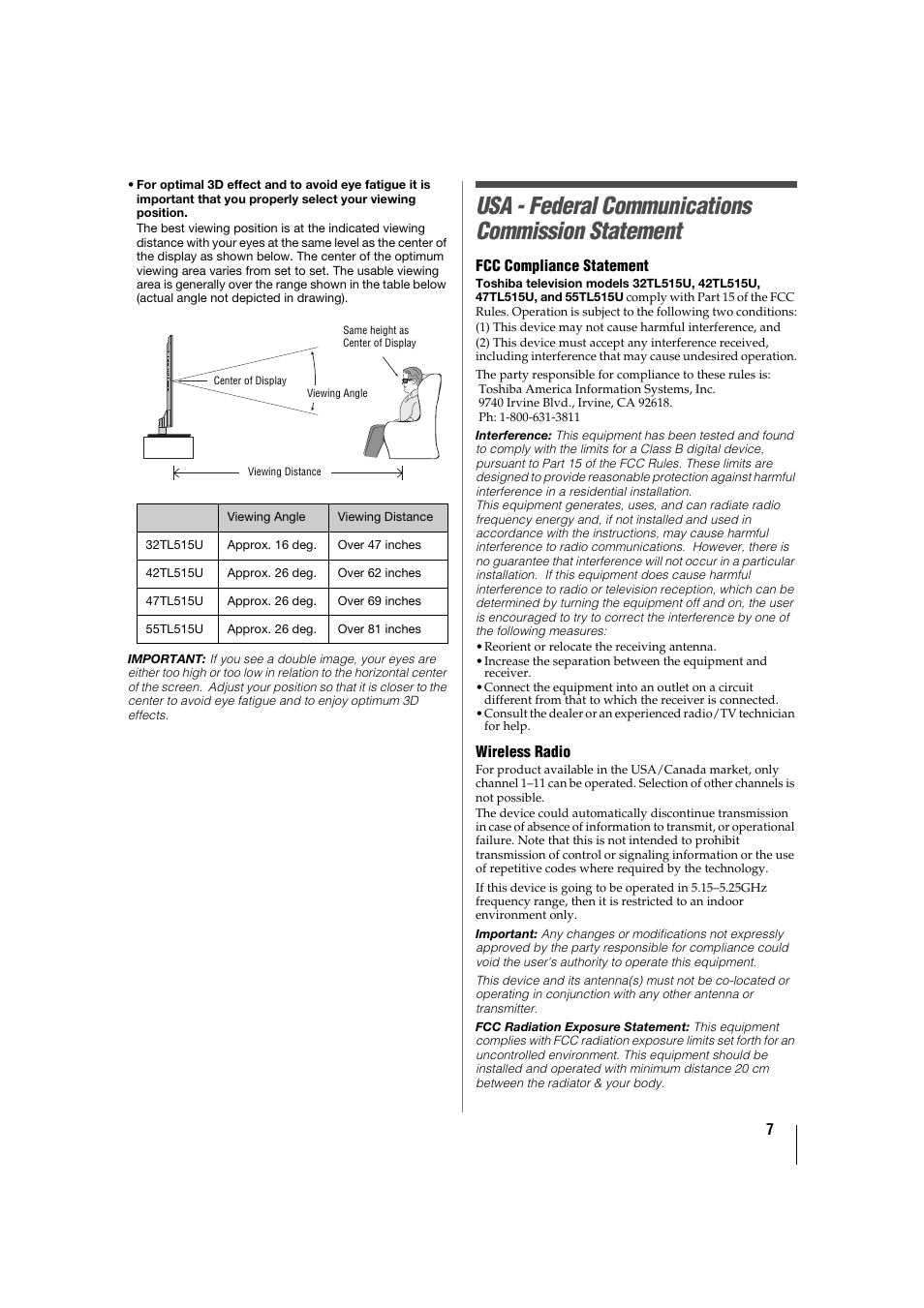 Usa - federal communications commission statement | Toshiba 32TL515U User Manual | Page 7 / 102