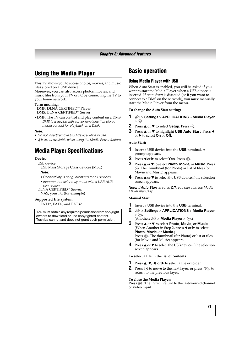 Using the media player, Media player specifications, Basic operation | P. 71) | Toshiba 32TL515U User Manual | Page 71 / 102