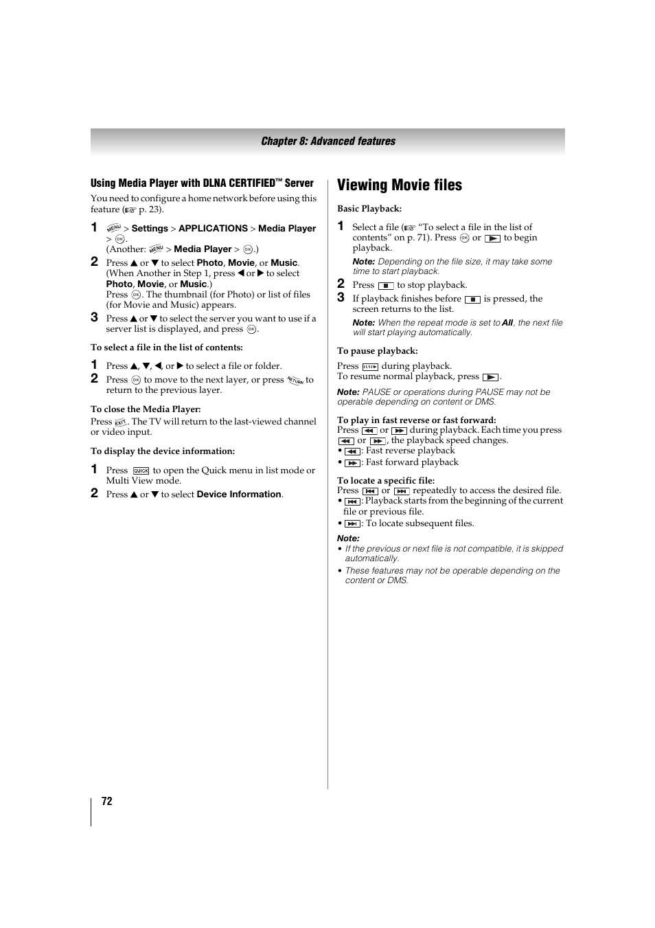 Viewing movie files | Toshiba 32TL515U User Manual | Page 72 / 102