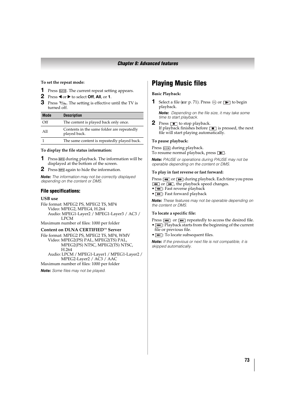 Playing music files | Toshiba 32TL515U User Manual | Page 73 / 102