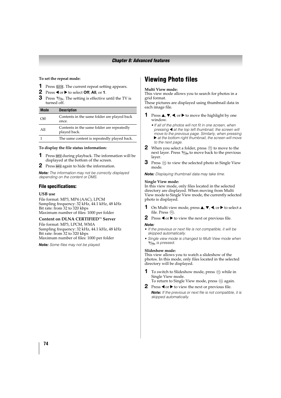 Viewing photo files | Toshiba 32TL515U User Manual | Page 74 / 102