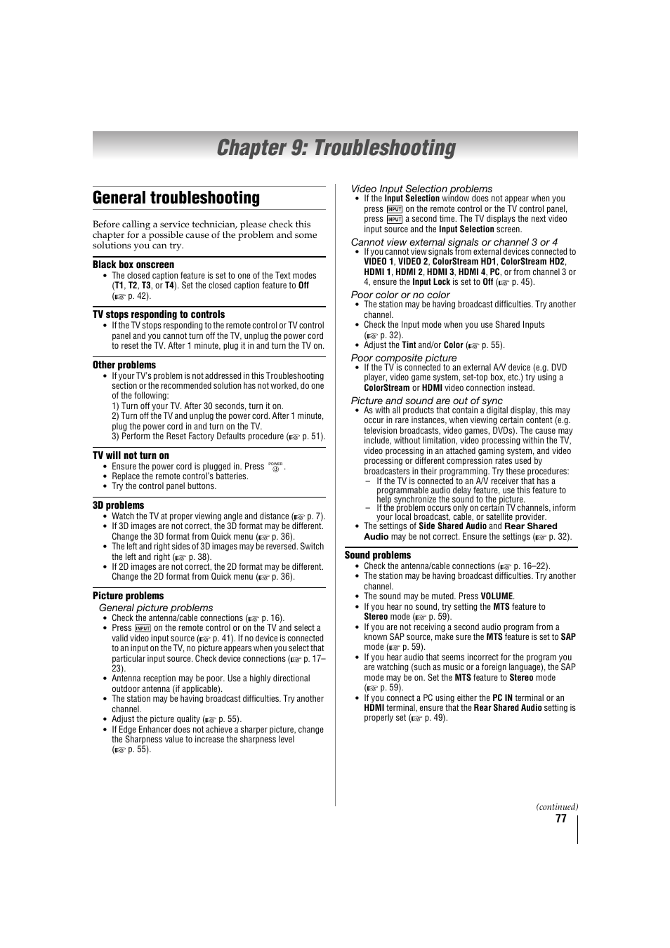 Chapter 9: troubleshooting, General troubleshooting, Help, refer to “chapter 9: troubleshooting | P. 77 | Toshiba 32TL515U User Manual | Page 77 / 102