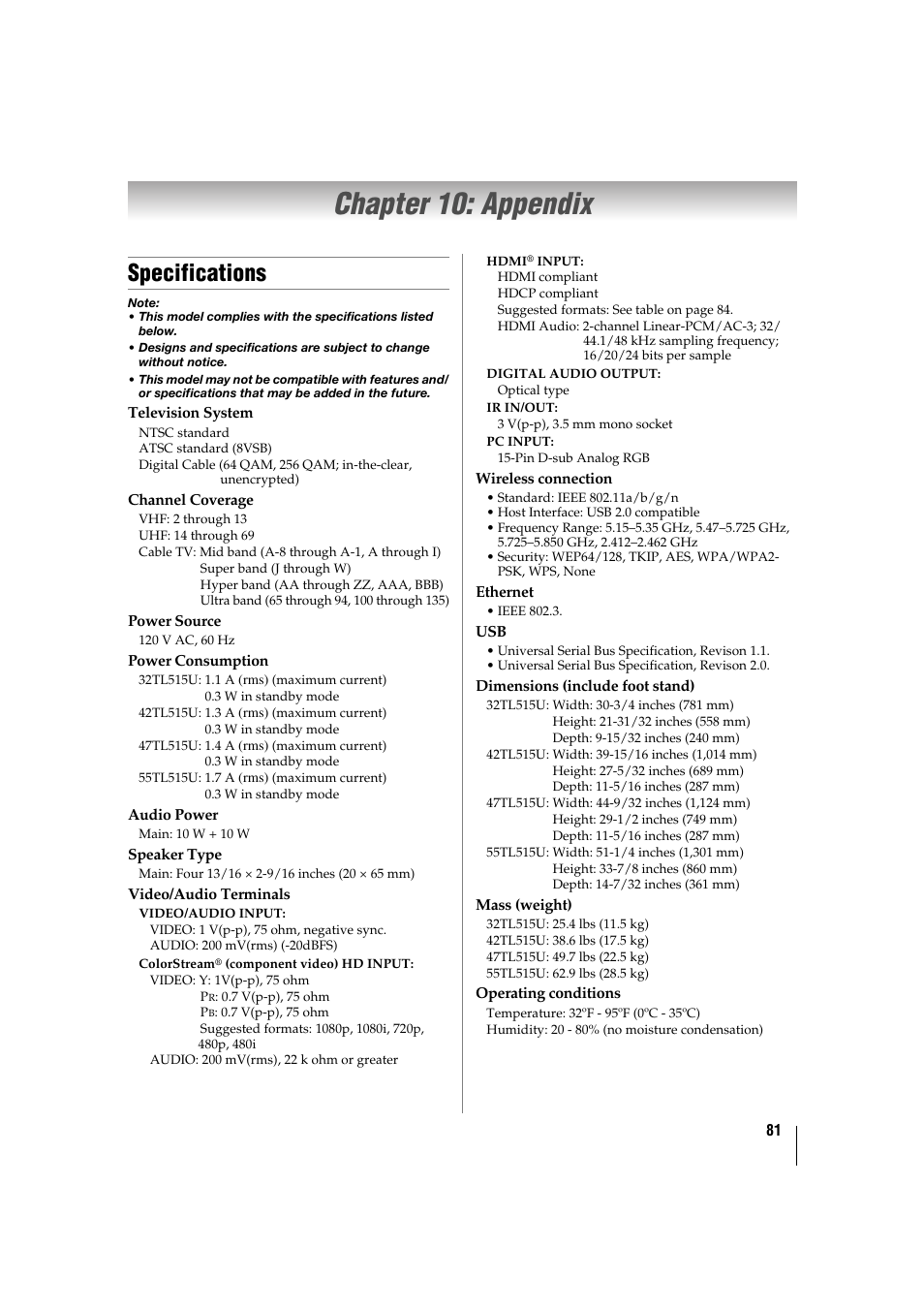 Chapter 10: appendix, Specifications, See “chapter 10: appendix”, for | P. 81) | Toshiba 32TL515U User Manual | Page 81 / 102