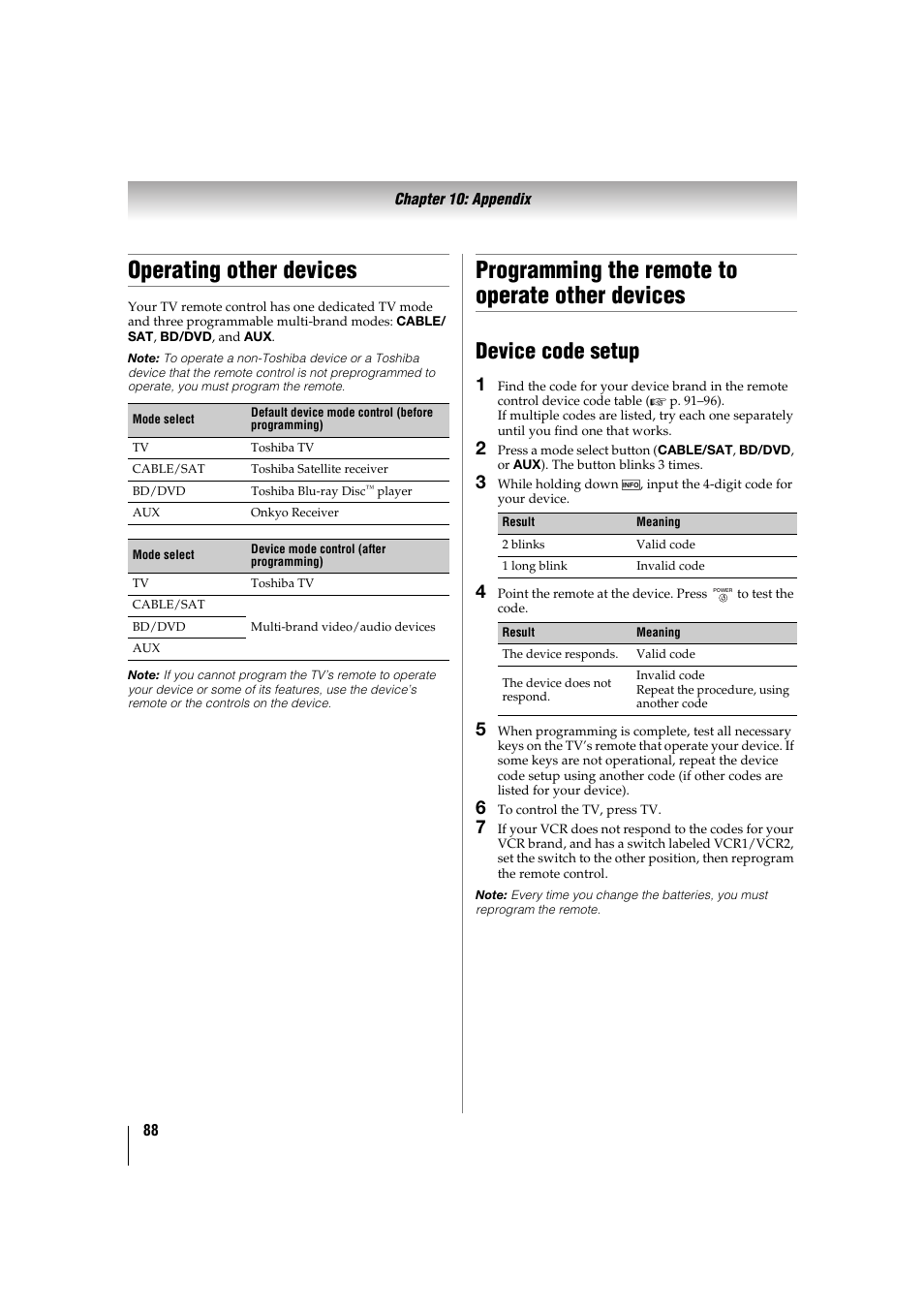 Operating other devices, Programming the remote to operate other devices, Device code setup | E p. 88, 88) to, P. 88) | Toshiba 32TL515U User Manual | Page 88 / 102