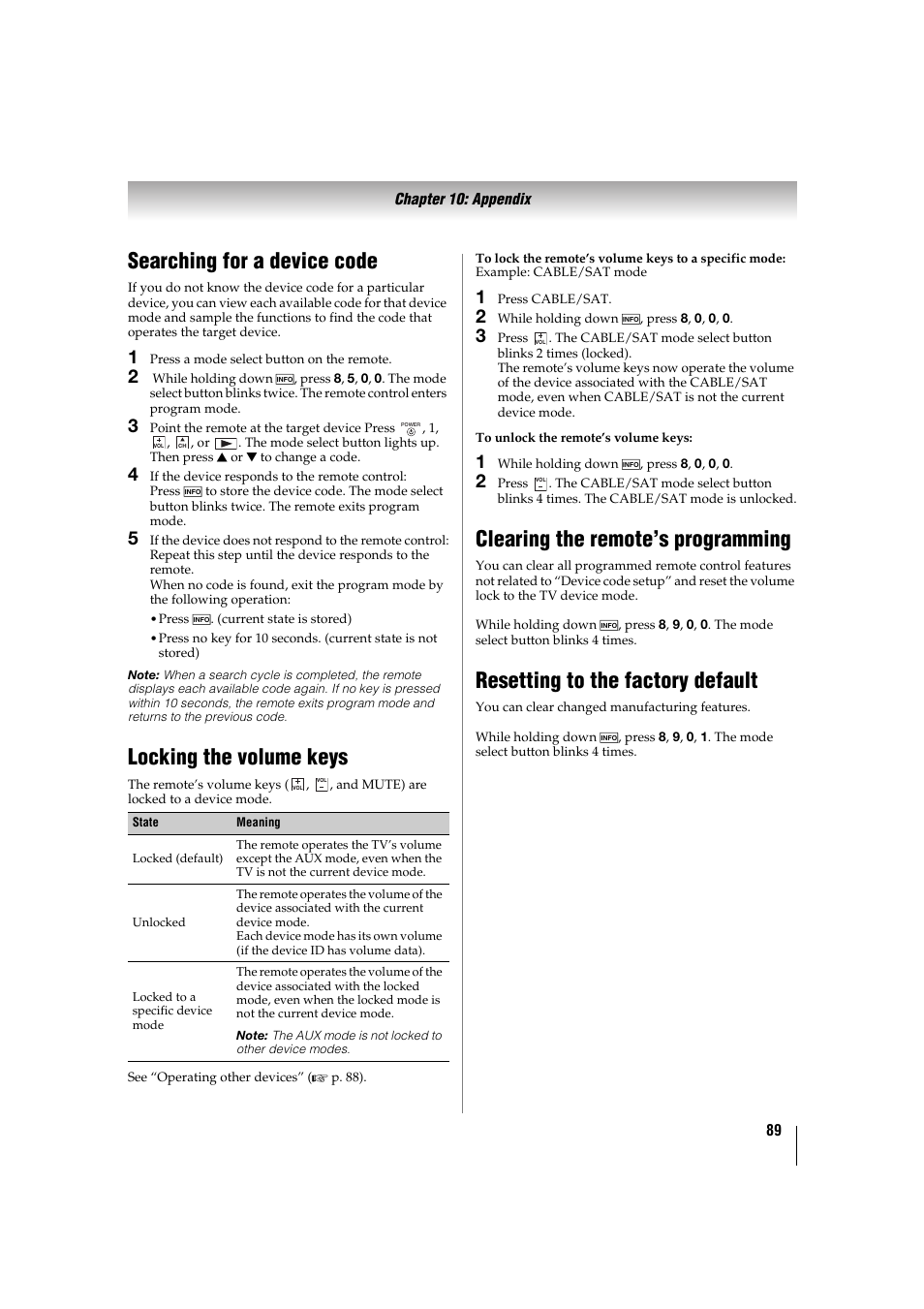 Searching for a device code, Locking the volume keys, Clearing the remote’s programming | Resetting to the factory default | Toshiba 32TL515U User Manual | Page 89 / 102