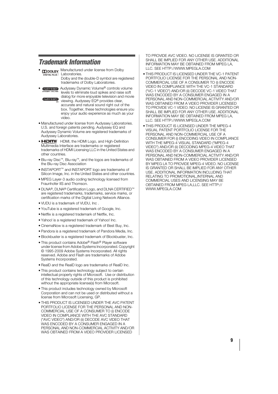 Trademark information | Toshiba 32TL515U User Manual | Page 9 / 102