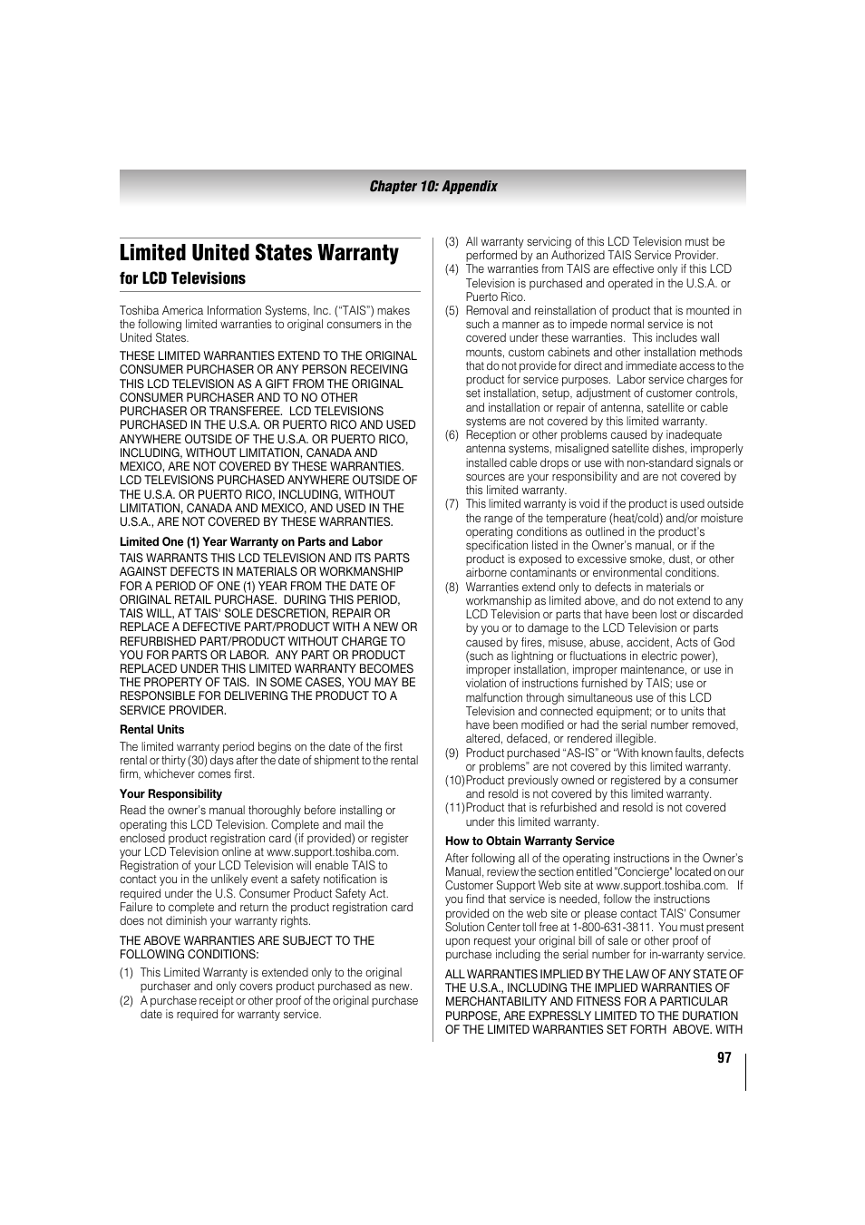 Limited united states warranty for lcd televisions, Limited united states warranty, For lcd televisions | Toshiba 32TL515U User Manual | Page 97 / 102