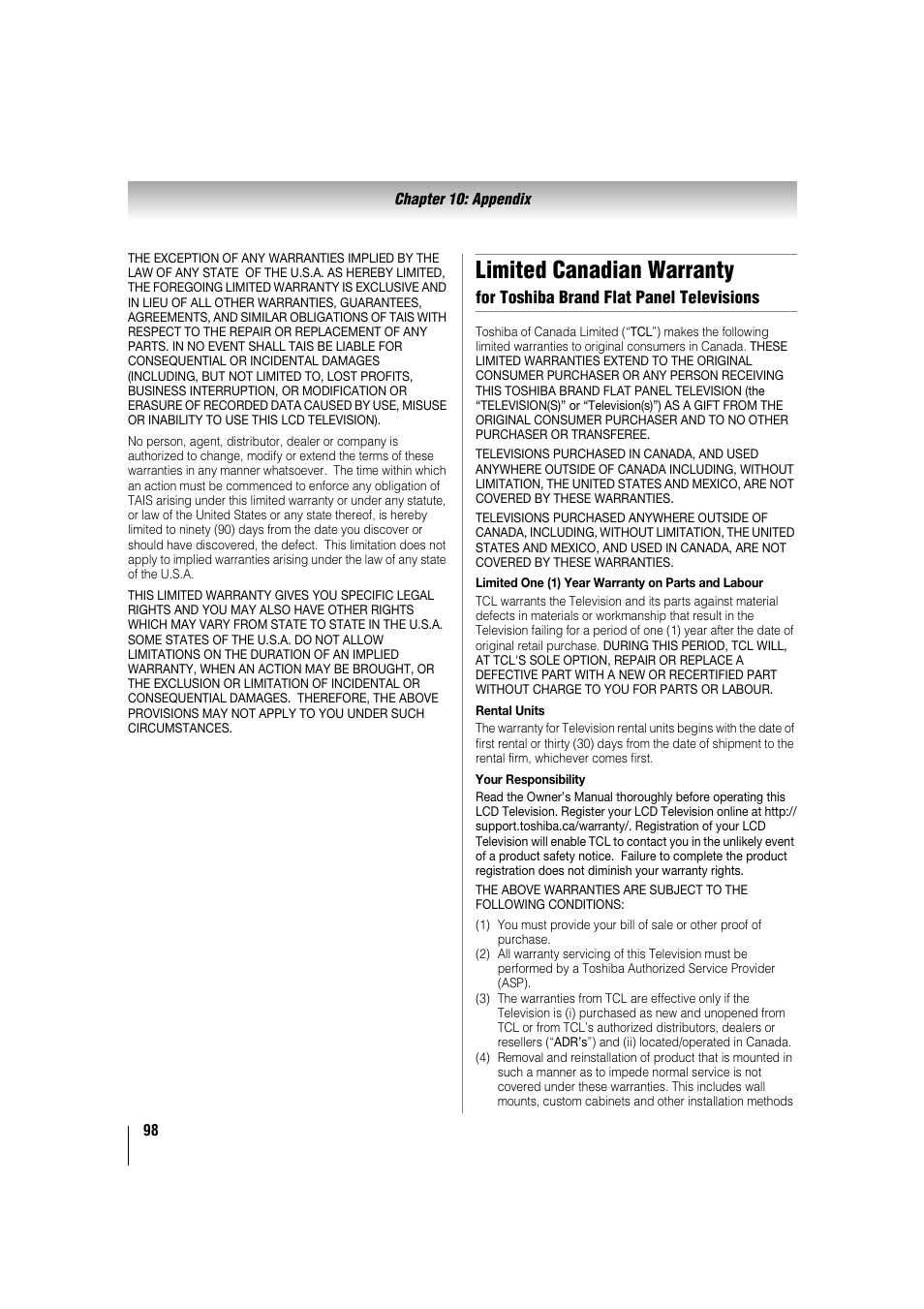 Limited canadian warranty | Toshiba 32TL515U User Manual | Page 98 / 102