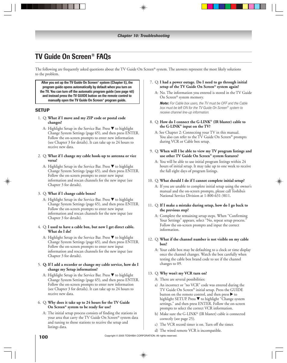 Tv guide on screen, Faqs | Toshiba 46HM15 User Manual | Page 100 / 112