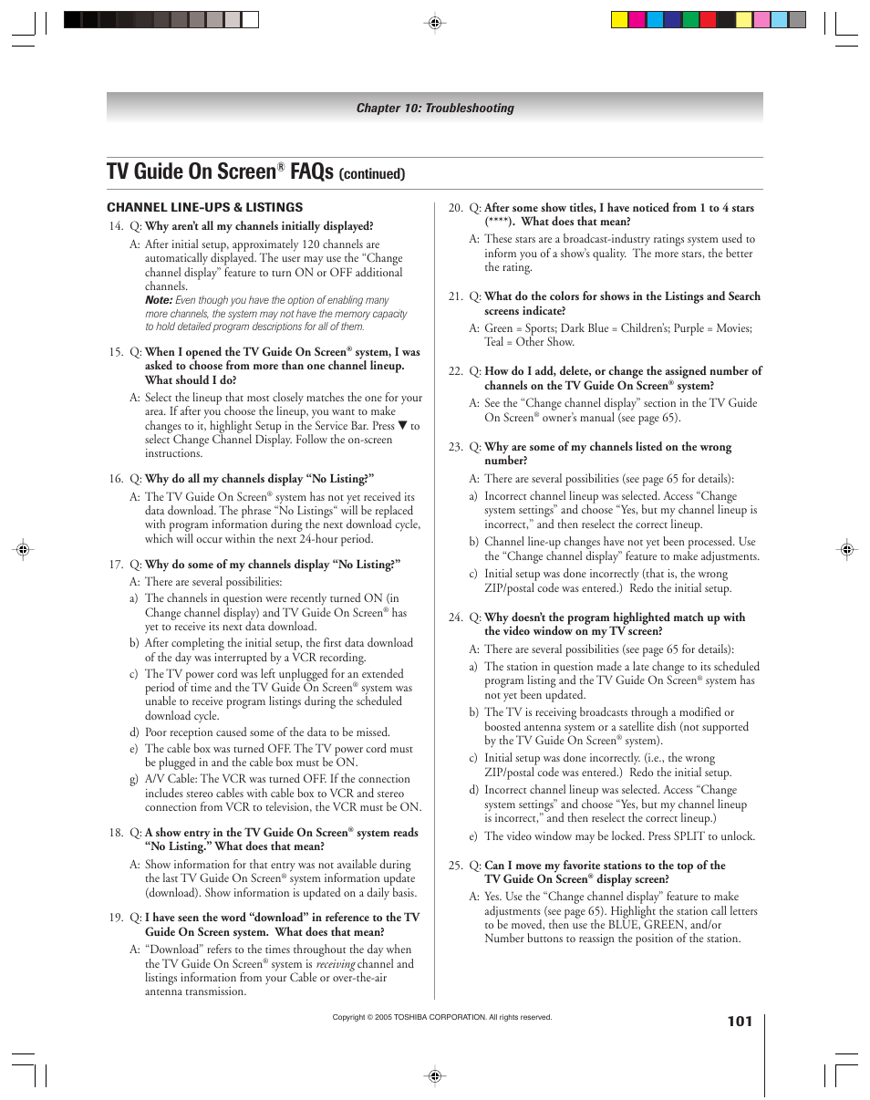Tv guide on screen, Faqs | Toshiba 46HM15 User Manual | Page 101 / 112