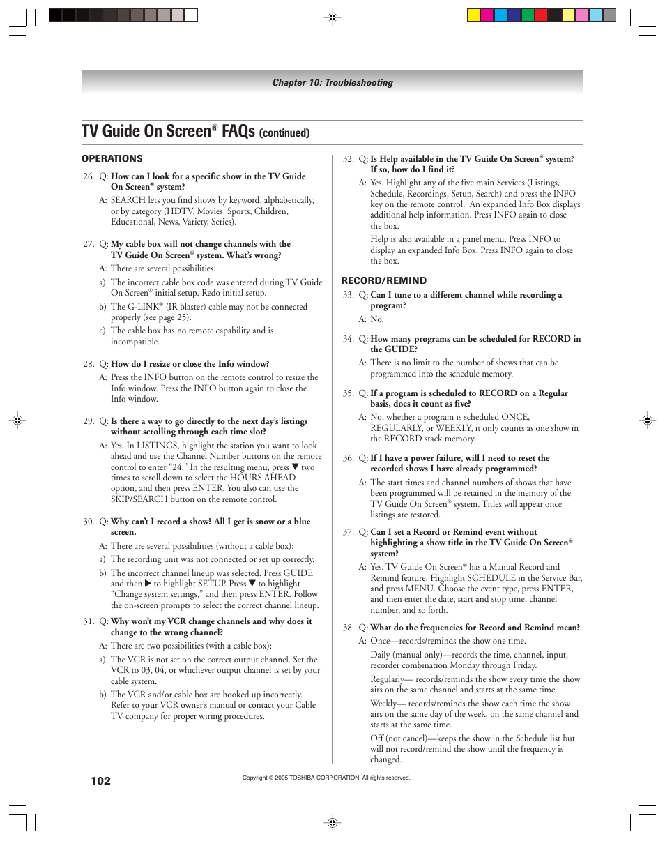 Tv guide on screen, Faqs | Toshiba 46HM15 User Manual | Page 102 / 112