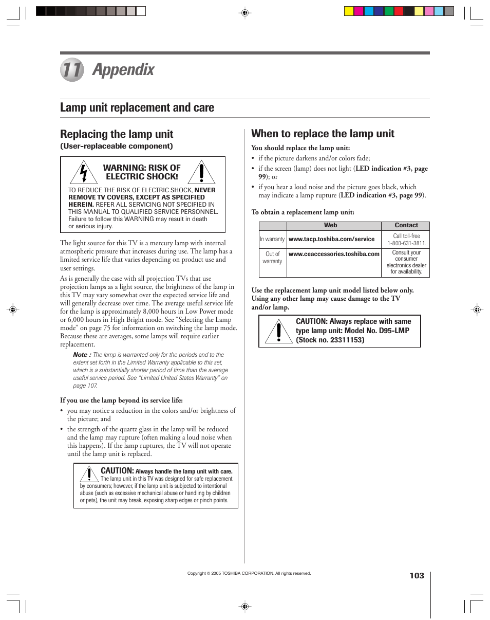 Appendix, Lamp unit replacement and care, Replacing the lamp unit | When to replace the lamp unit | Toshiba 46HM15 User Manual | Page 103 / 112