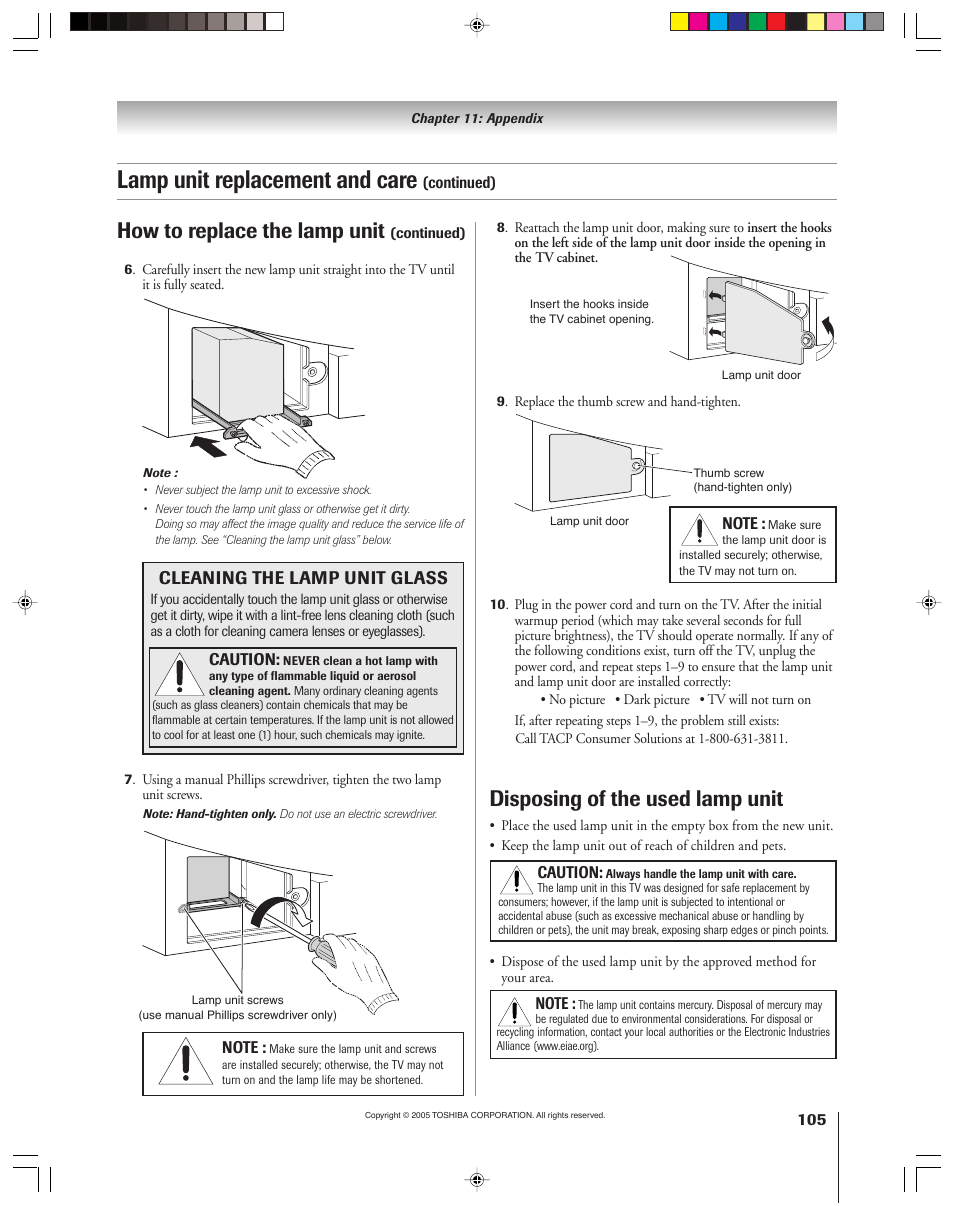 Lamp unit replacement and care, Disposing of the used lamp unit, How to replace the lamp unit | Cleaning the lamp unit glass | Toshiba 46HM15 User Manual | Page 105 / 112
