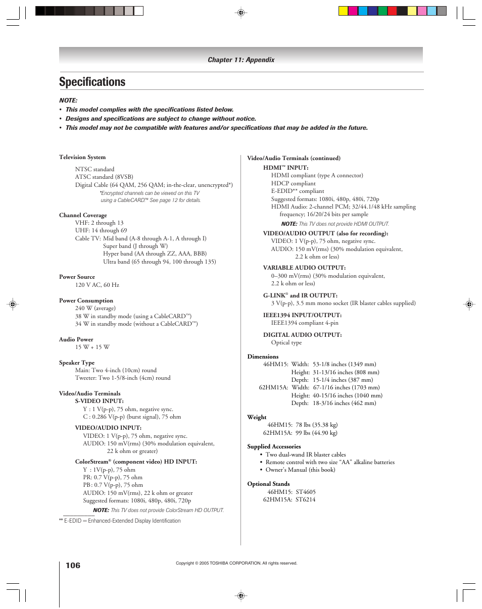 Specifications | Toshiba 46HM15 User Manual | Page 106 / 112