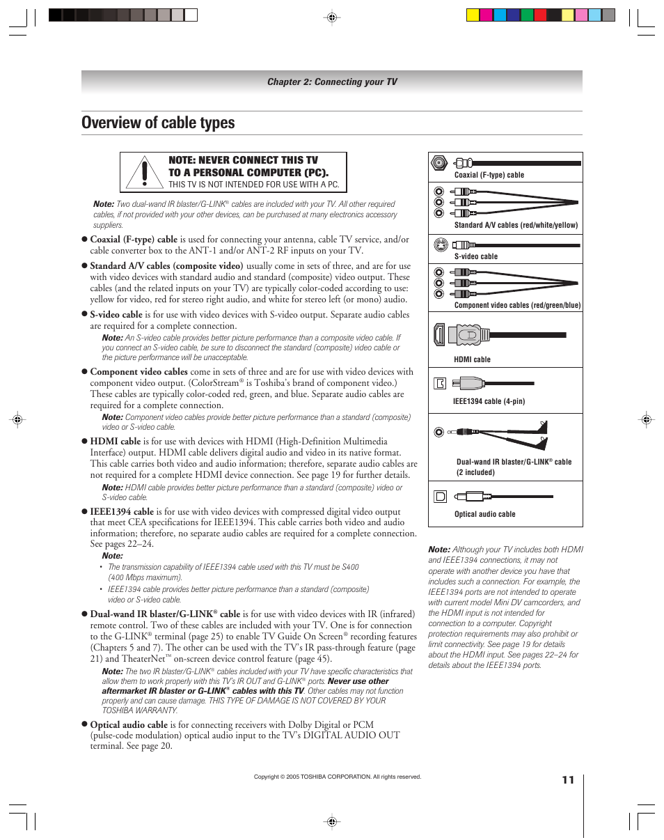 Overview of cable types | Toshiba 46HM15 User Manual | Page 11 / 112