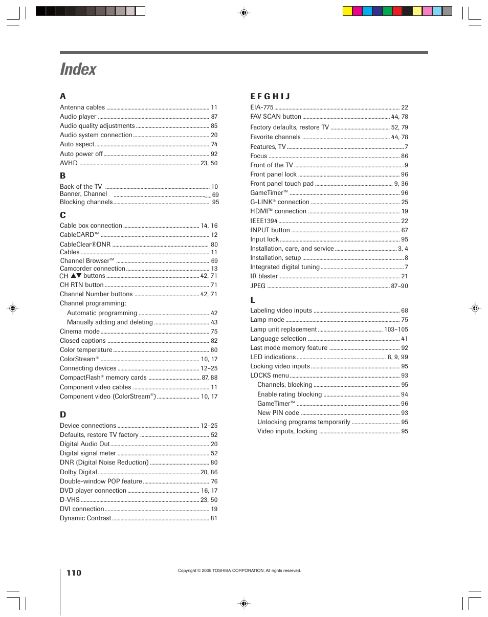 Index | Toshiba 46HM15 User Manual | Page 110 / 112