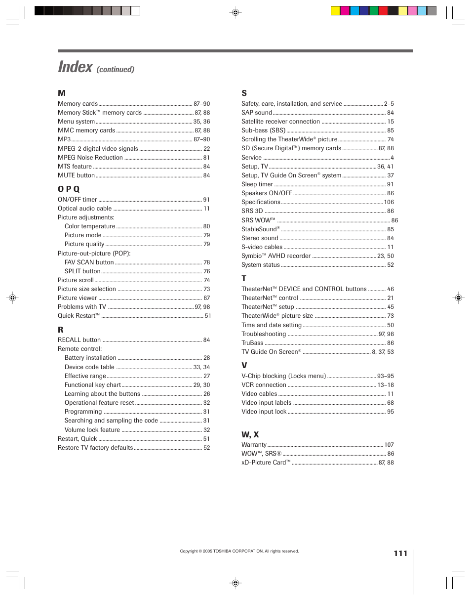 Index | Toshiba 46HM15 User Manual | Page 111 / 112