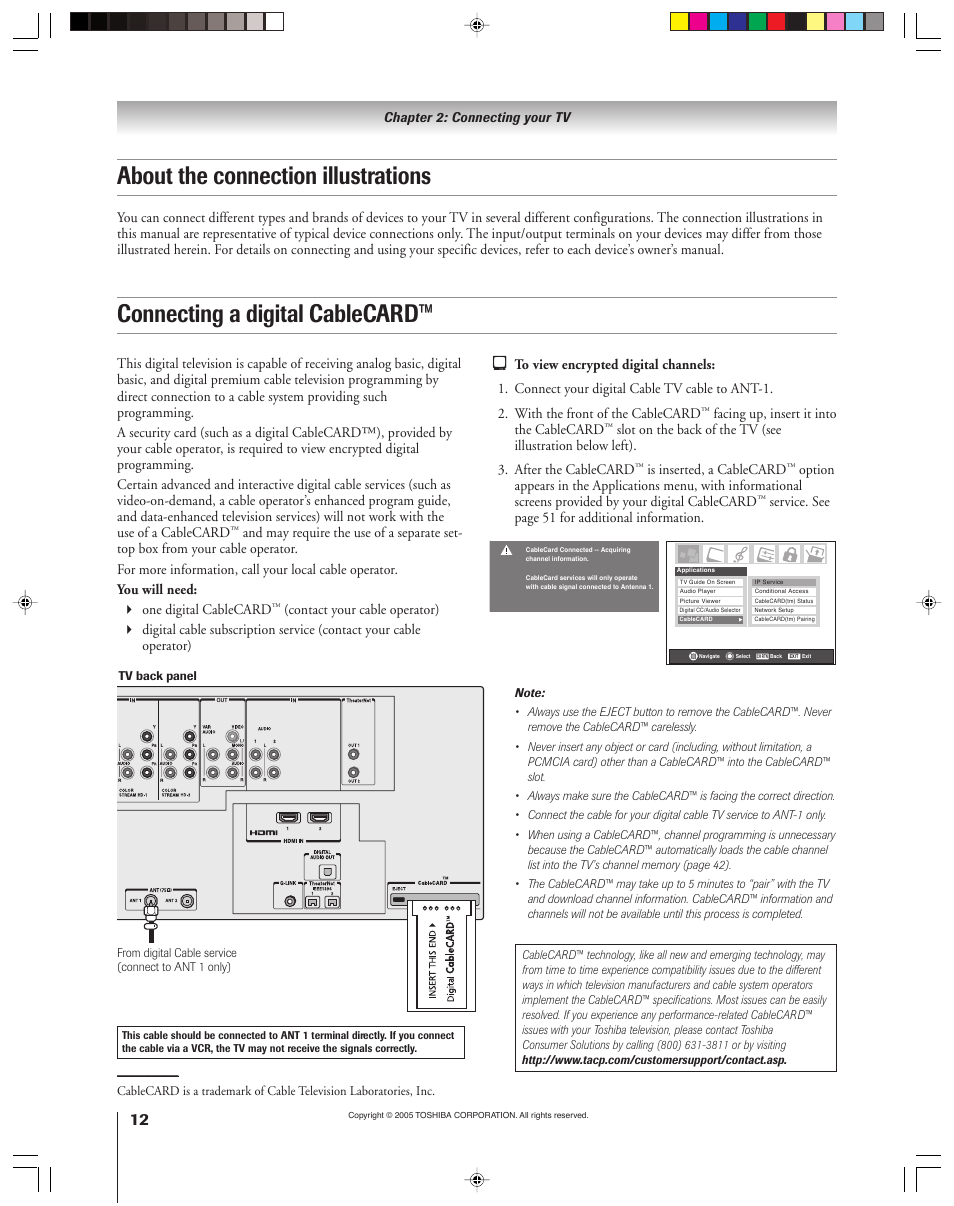About the connection illustrations, Connecting a digital cablecard | Toshiba 46HM15 User Manual | Page 12 / 112