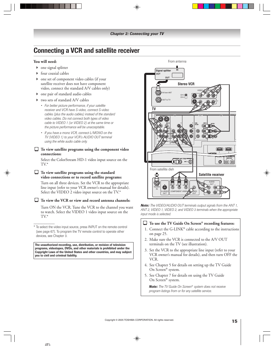 Connecting a vcr and satellite receiver, Recording features: 1. connect the g-link, System | Toshiba 46HM15 User Manual | Page 15 / 112