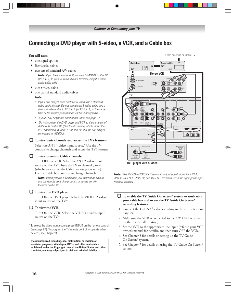 Recording features: 1. connect the g-link, System | Toshiba 46HM15 User Manual | Page 16 / 112