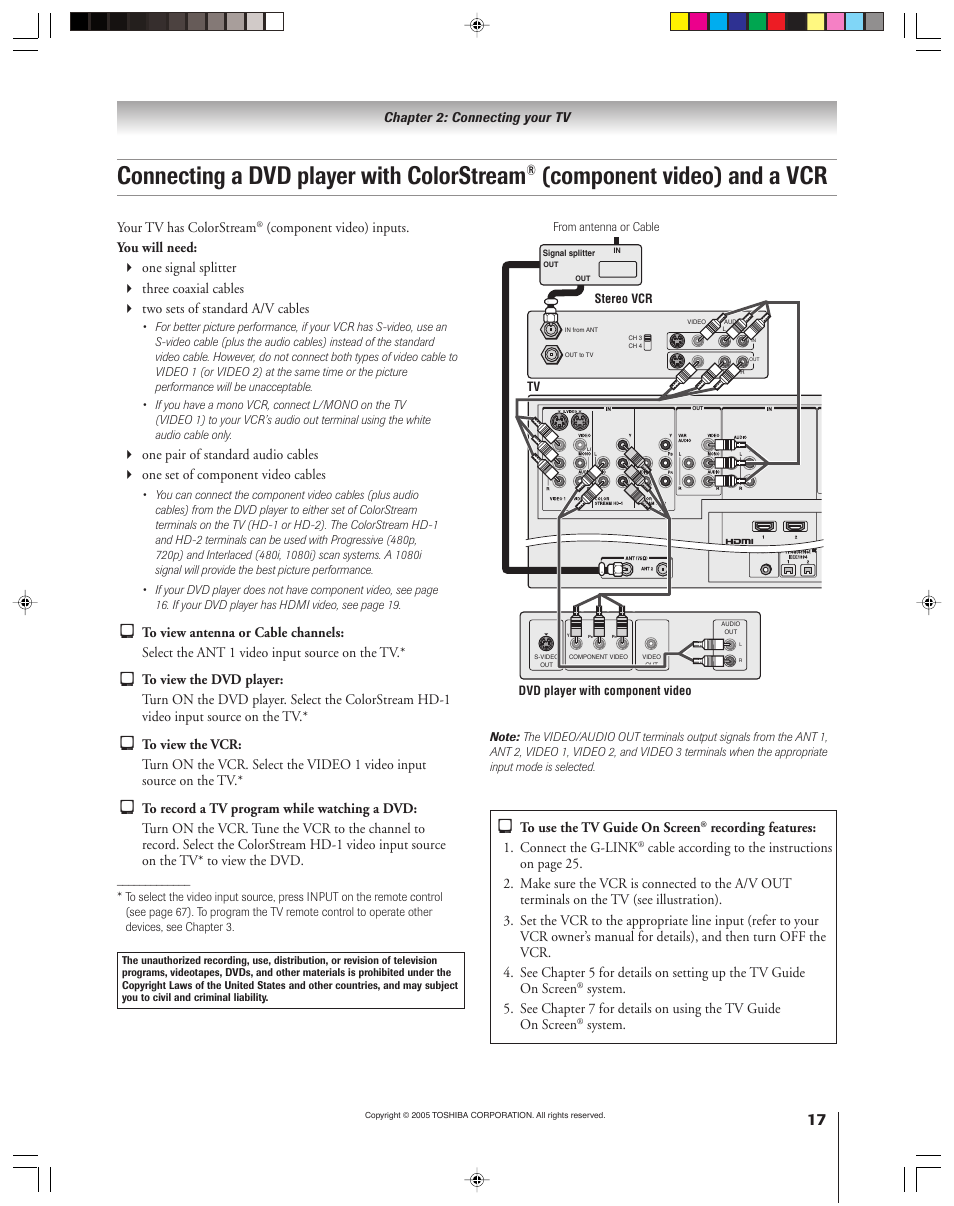 Connecting a dvd player with colorstream, Component video) and a vcr, Your tv has colorstream | Recording features: 1. connect the g-link, System | Toshiba 46HM15 User Manual | Page 17 / 112
