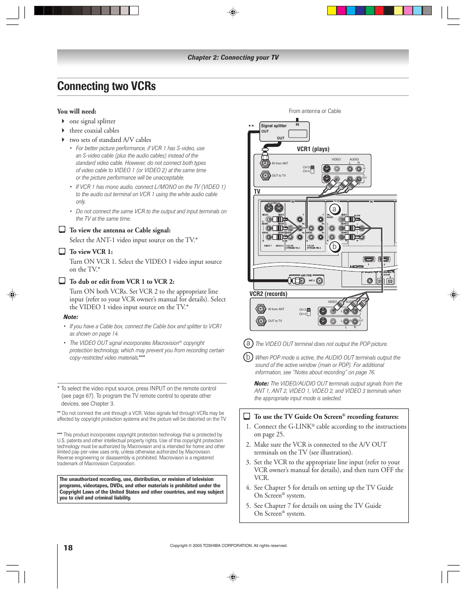 Connecting two vcrs | Toshiba 46HM15 User Manual | Page 18 / 112