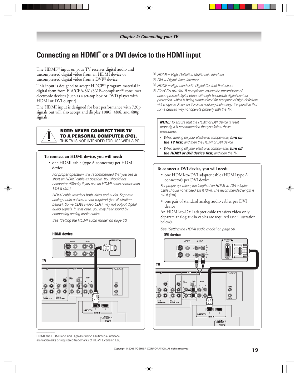 Connecting an hdmi, Or a dvi device to the hdmi input, The hdmi | Device. this input is designed to accept hdcp | Toshiba 46HM15 User Manual | Page 19 / 112