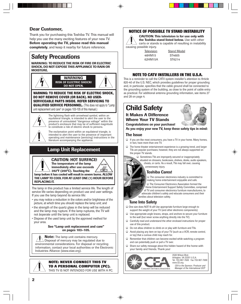 Child safety, Safety precautions, Lamp unit replacement | Dear customer | Toshiba 46HM15 User Manual | Page 2 / 112
