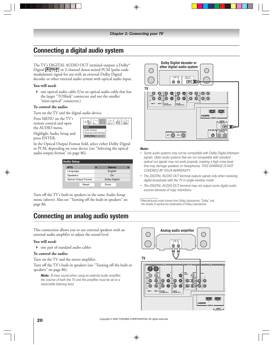 Connecting a digital audio system, Connecting an analog audio system | Toshiba 46HM15 User Manual | Page 20 / 112
