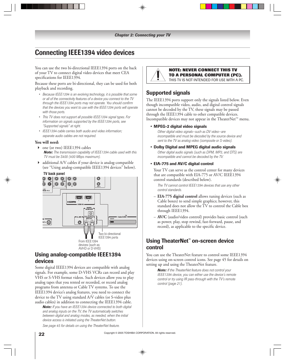 Connecting ieee1394 video devices, Using analog-compatible ieee1394 devices, Supported signals | Using theaternet, On-screen device control | Toshiba 46HM15 User Manual | Page 22 / 112