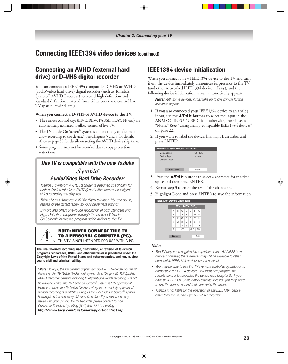 Connecting ieee1394 video devices, Ieee1394 device initialization, Continued) | Press the | Toshiba 46HM15 User Manual | Page 23 / 112
